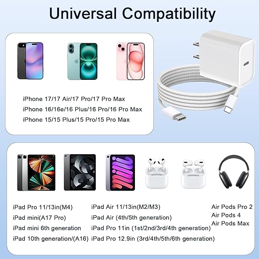 for iPhone 17 16 Charger Fast Charging,20W iPhone 17 Charger USB C Chargers USBC to USBC Cable for iPhone 17/17 Air/17 Pro/17 Pro Max/16/16e/16 Pro/16 Pro Max/15/15 Plus/15 Pro/15 Pro Max/iPad/AirPods