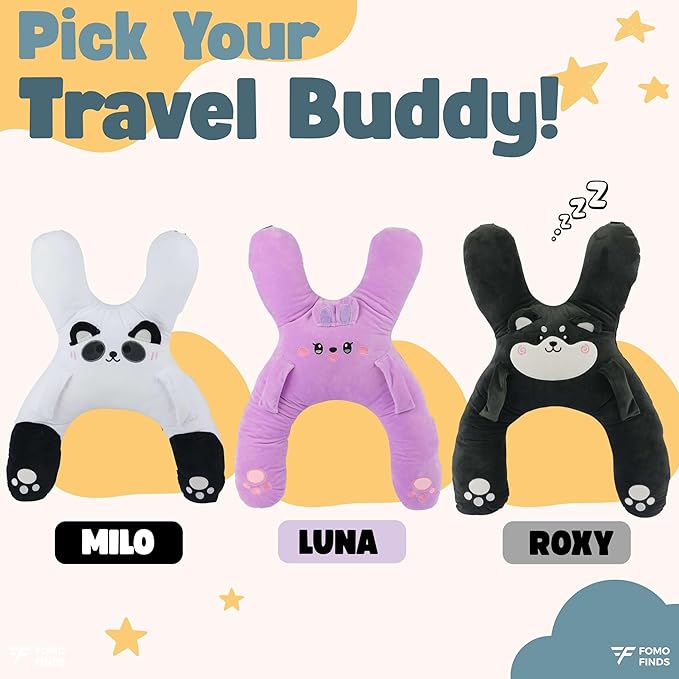 Kids Car Sleeping Pillow - X-Shaped Plush Animal for Neck & Back Support - Hands & Seat Belt Slot - Machine Washable & Compressible - Perfect for Car, Plane, Train, Boat & More - Purple