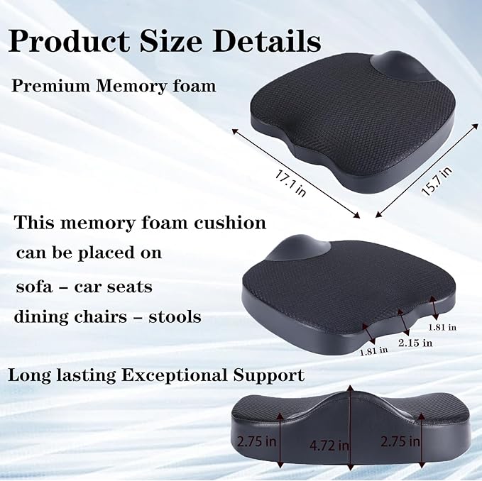 Decompression Cushion, Comfort Memory Foam Seat Cushion for Car Seat Drivers, Tailbone (Coccyx) Pain Relief Cushion, Office Chair Cushion (Black)