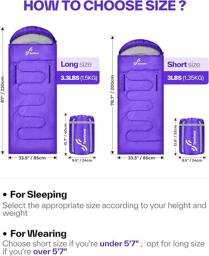 Sportneer Wearable Sleeping Bag for Adults & Kids – Walkable with Arm Zippers, Warm Weather & Cold Waterproof, Compact for Camping, Stadiums, Travel, Backpacking & Car Use