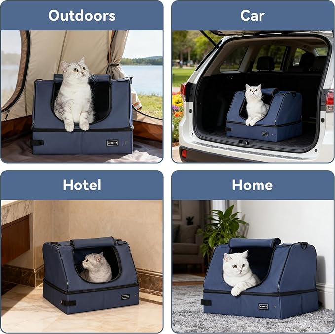 PETSFIT Portable Travel Cat Litter Box with Lid – Collapsible, Leak-Proof & Washable 2-Layer Lining, Sturdy Support Frame, for Hotel/Car/Camping, Cat Travel Essentials for Kitty/Medium Cats Light Blue