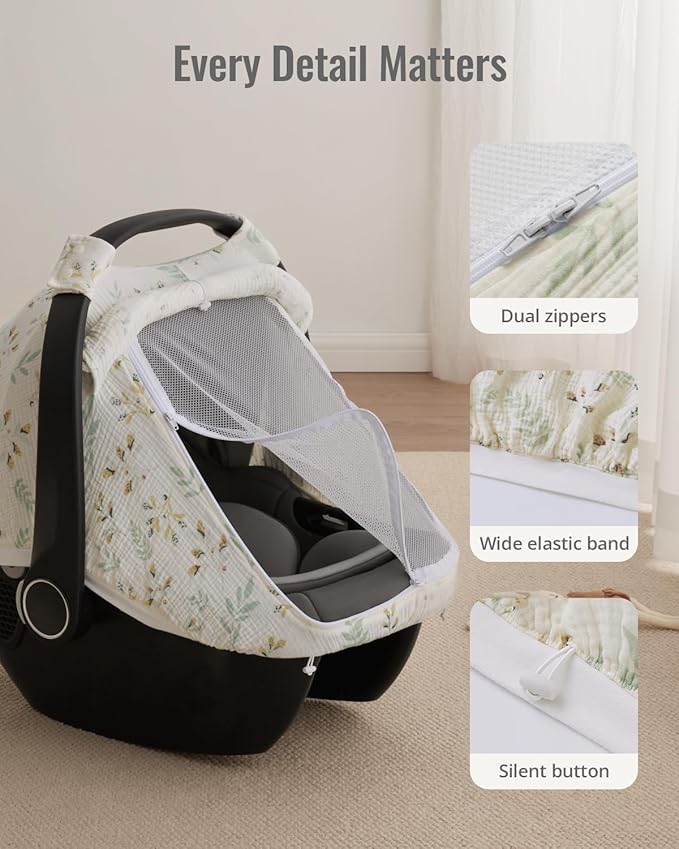 Blissful Diary Baby Car Seat Cover, Extra Large Mesh Window, Breathable Muslin Cotton, Infant Windproof Canopy, Must-Have Baby Gift - Botanical Leaf