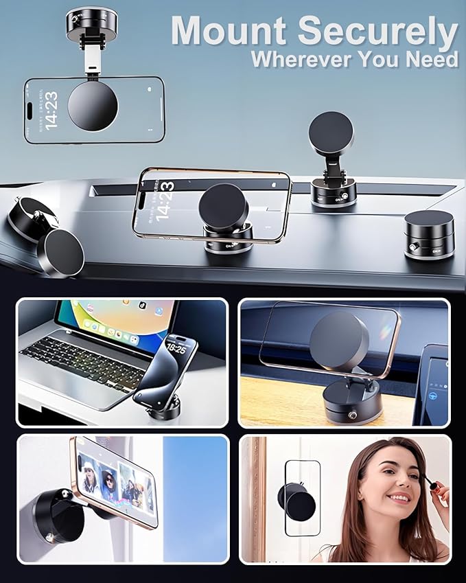JingJinYY Vacuum Suction Magnetic Phone Holder, 2025 Upgraded Foldable and Retractable Magnetic Mount, A Movable Vacuum Suction Cup Car Phone Stand for Cars/Gyms/Mirrors/Smooth Surface (White)