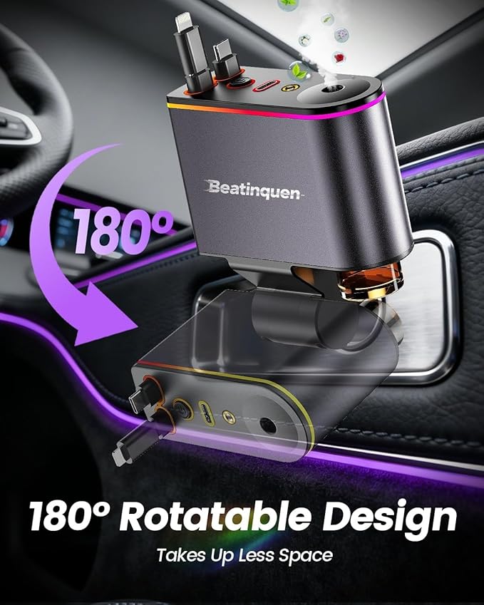 【2026 Upgrade】 5 in 1 Retractable Car Charger USB C - Fast Charging Retractable Car Phone Charger with Car Air Freshener Diffuser - 66W Cigarette Lighter Adapter USB-C/Type-C for iPhone17/16/15/14