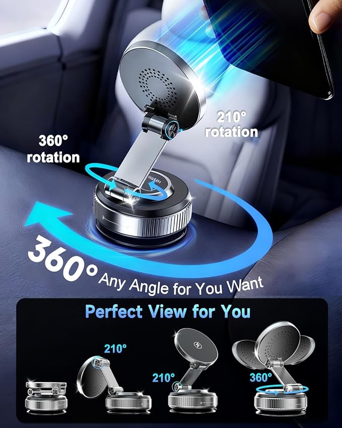 Vacuum Magnetic Phone Holder - 360° Adjustable Magsafe Car Mount, Foldable Car Phone Holder with Strong Suction Cup Mount