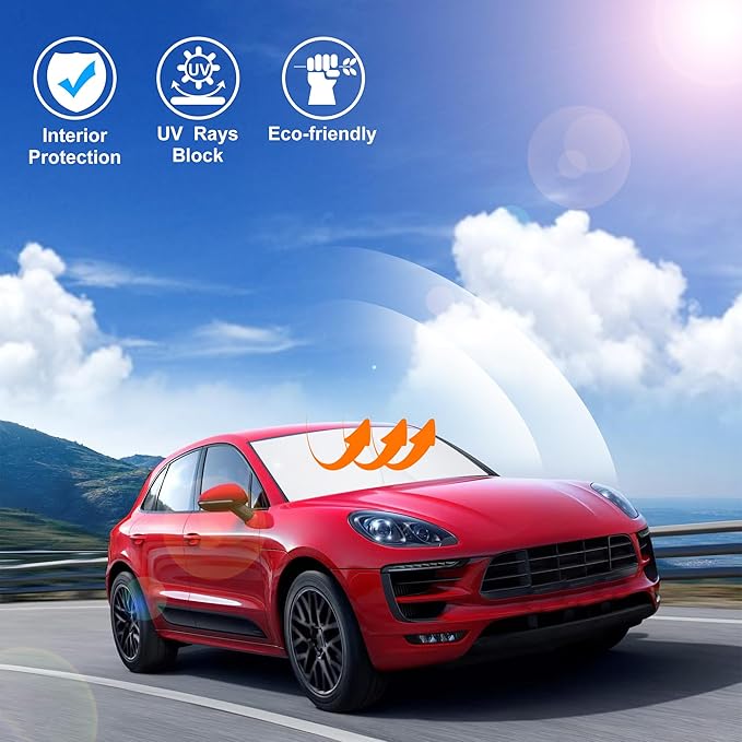 Windshield Sun Shade Custom Fit for 2014-2024 2025 2026 Porsche Macan Accessories Foldable Sunshade Sun Blocker Protect Car from Sun Rays & Heat Damage Keep Car Cooler