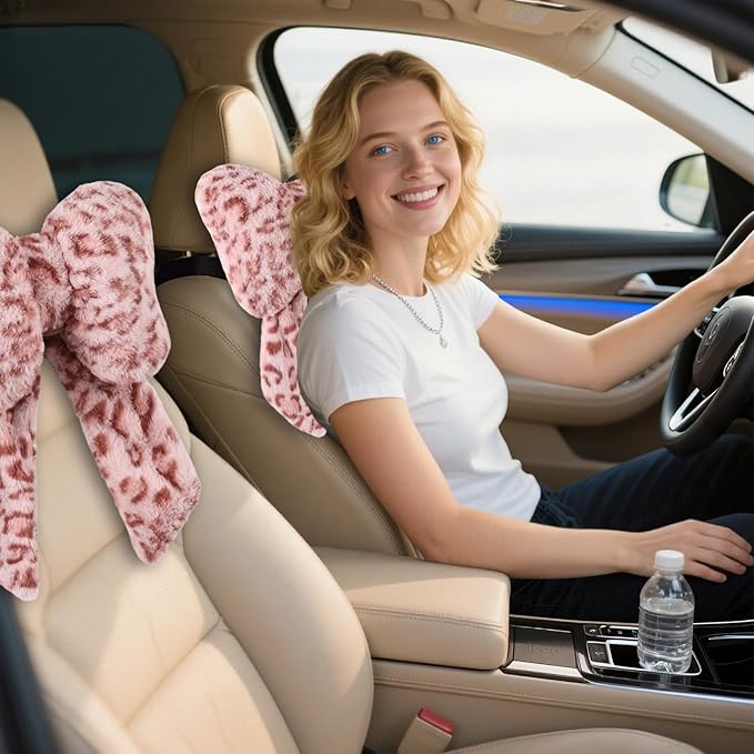 2 Pack Bow Car Headrest Pillow Comfortable Soft Plush Head Rest Cushion, Neck Pillow for Driving Office Use and Car Interior Decoration (Pink Leopard)