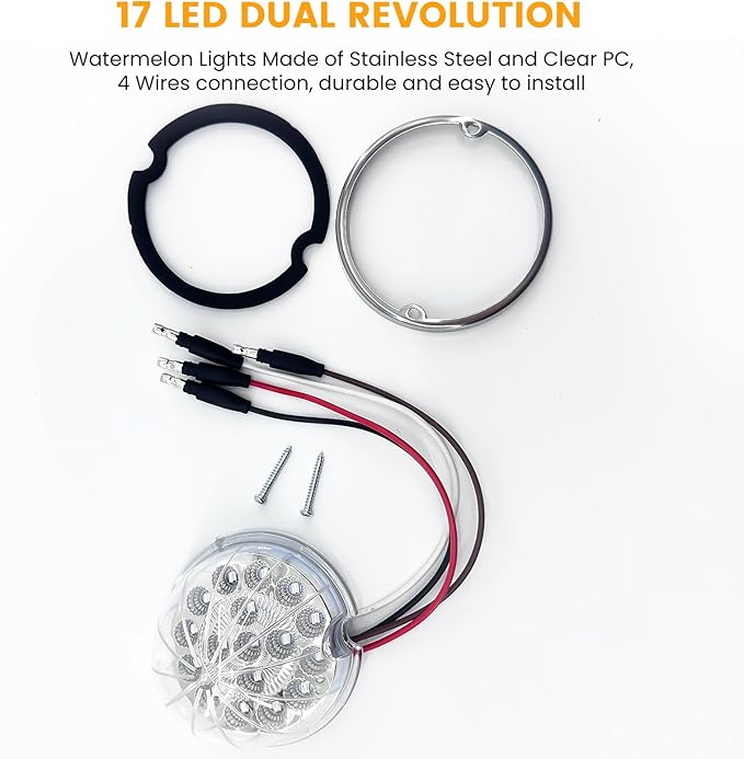 2PCS 17 LED Dual Revolution Watermelon Lights, Amber Turn Signal & Marker to Blue Auxiliary, Clear Lens & Stainless Steel Bezel for Freightliner, Peterbilt, Heavy Trucks & Trailers