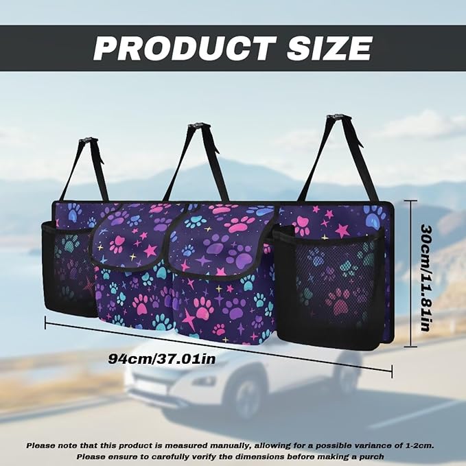 Hanging Car Trunk Organizer with 4 Pockets Dog Paw Print Stars Auto Back Seat Storage Bag Auto Interior Accessories for Sedans SUV MPV Trucks Jeep Pickup