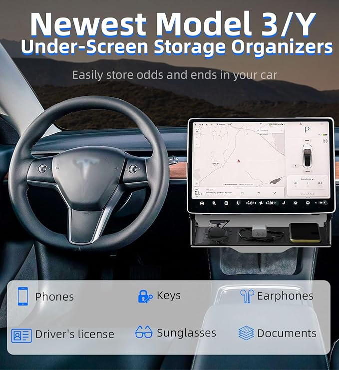 WinDu Under Screen Storage for Tesla Model 3 Y 2016-2025, Open and Close Hideable Center Console Organizer Tray with Anti-Slip Silicone Pad, Interior Accessories