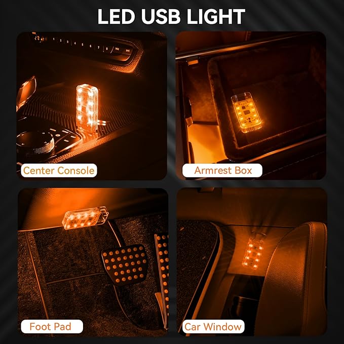 2 PCS Car USB Night Light, Portable Magnetic Car Atmosphere Interior Light, 8 High-Brightness LED Beads, Rechargeable Touch-Sensitive Light for Vehicles, Bedrooms, Hallways, Camping.(2 Amber)