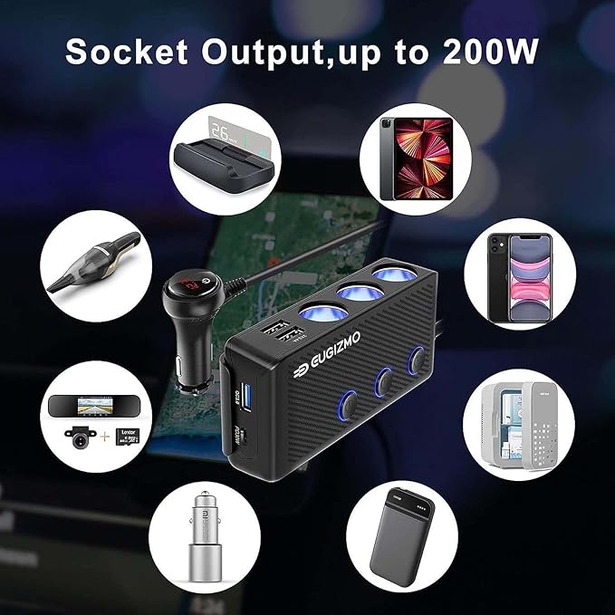 EUGIZMO Cigarette Lighter Plug Splitter, 3 Socket 200W Car Cigarette Lighter Adapter USB Charger Extension Cord Multi Port Power Plug 12V/24V Splitter with LED Voltage Display Independent Switches