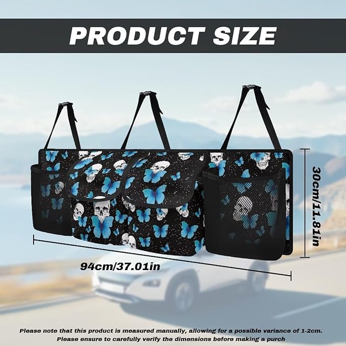Skull Butterfly Car Trunk Organizer Foldable Auto Backseat Storage Bag with 4 Pockets Hanging Auto Accessories Suitable Most Sedans SUVs Trucks Vans