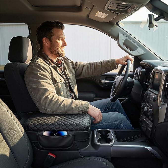 Center Console Cover with Side Pocket for 2019-2026 Chevy Silverado/GMC Sierra and 2021-2026 Tahoe/Suburban/Yukon, Car Armrest Cushion Pad Leather Protective Cover (for Bucket Seat Consoles)