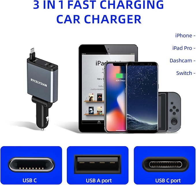 Retractable Car Charger Ultra-Slim, 65W Fast Car Charger with 31.5 inches and USB C+USB A Car Charging Block Cube Suitable for iPhone Samsung and Android