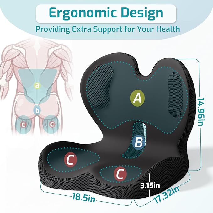 Ergonomic Seat Cushion,Office Chair Cushion with Lumbar Support Pillow,Car Orthopedic Seat Cushions,Designed for Sciatica,Tailbone,Back Pain Relief,for Office,Car,Truck,Home,Desk Chair