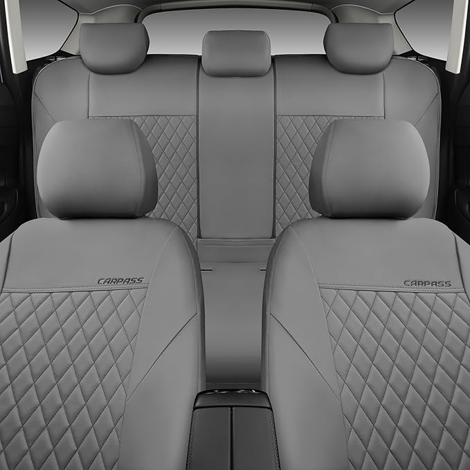 CAR PASS Quilting Faux Leather Seat Covers Full Set, Waterproof Deluxe PU Premium Auto Seat Cover, Breathable Seat Covers Universal Fit for Most Sedan SUV Van Small Truck, Airbag Compatible All Gray