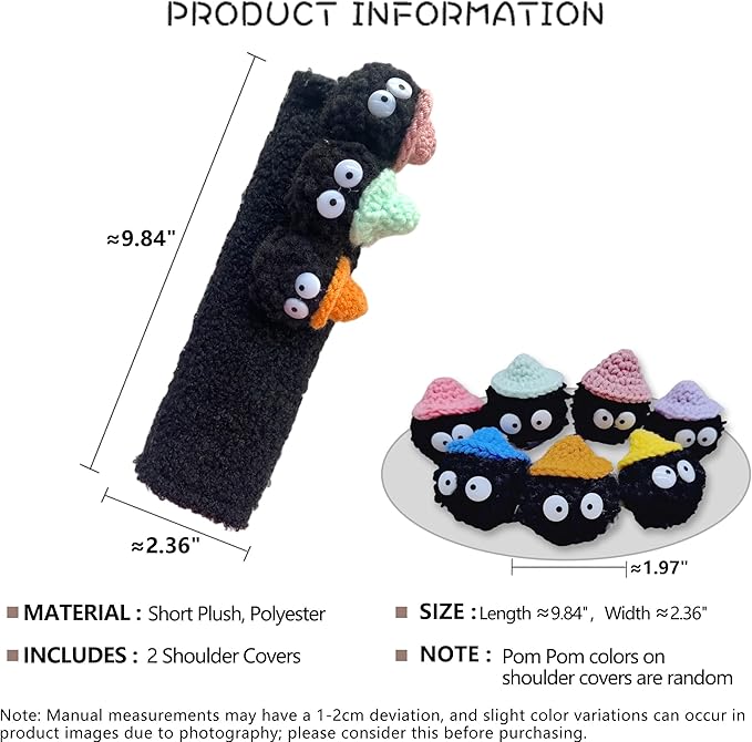 Car Headrest Pillow & Steering Wheel Cover Set with Cute Big-Eyed Black Travel Neck Support Pillow Fur Car Interior Accessory (Safty Belt Cover 2PCS)