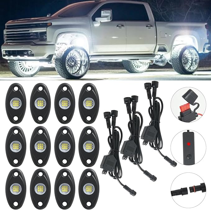 12pods White Rock Lights Dc 12v 6000k Aluminum Alloy Pure White Led Rock Lights with Switch Wiring Harness Kit Ip68 Waterproof for Trucks Pickup Off-Road Cars SUV Utv ATV Rv RZR Underglow Lights