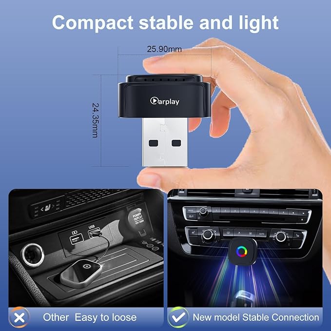 Ultra Mini Wireless CarPlay Adapter with A9 Chip, 5.8GHz Low Latency WiFi, 3-5s Fast Auto Connect, Universal Wireless Apple CarPlay & Android Auto for Factory Wired Cars
