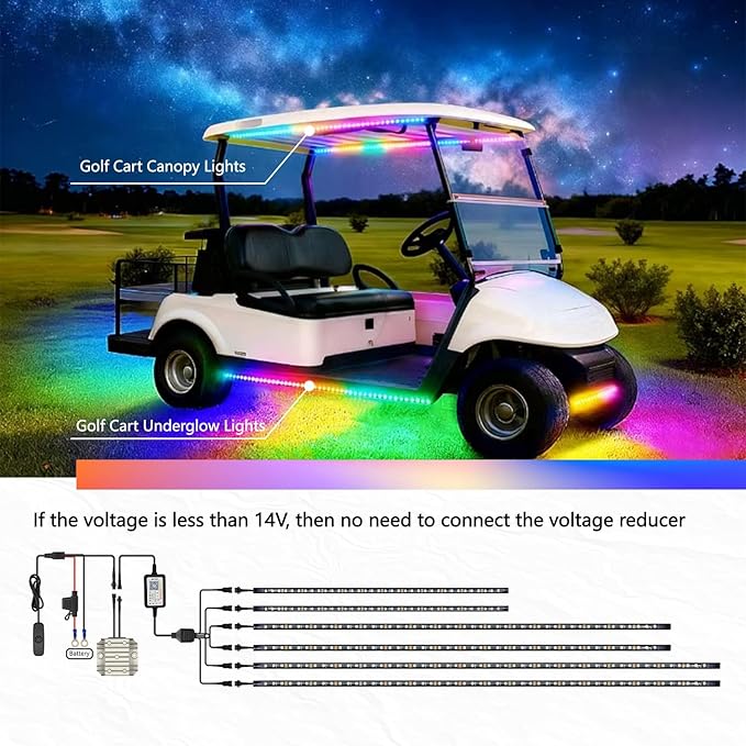 6 Pcs RGB+IC Golf Cart Underglow Light Strip with Roof Canopy Lights, 12V-80V Dream Color Chasing Light for EZGO Yamaha Club Car, Remote and APP Control, Voltage Reducer Included
