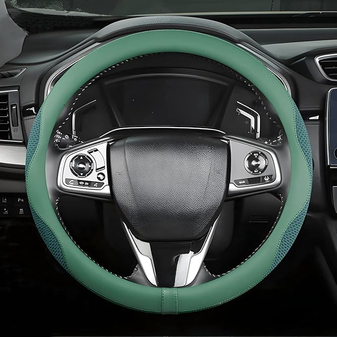 Car Steering Wheel Cover, Microfiber Breathable Ice Silk Leather Steering Wheel Cover Soft Anti-Slip Safety, 15inch Four Season Universal Fits for Most Truck,SUV,Cars (Green)
