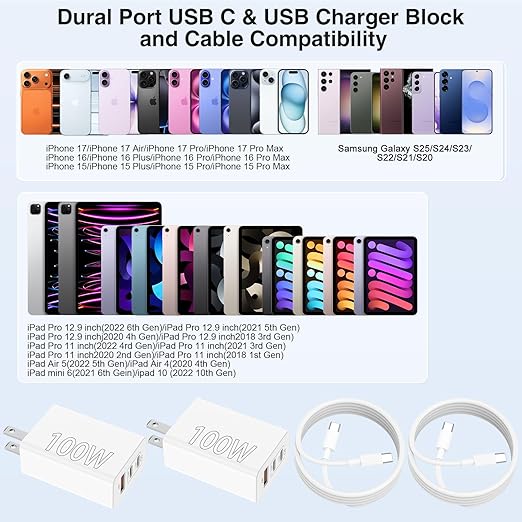 100W USB C Charger Block,Super Fast Charging Station/10ft USB C Cable Cord Long, 65W Type C Laptop Adapter for MacBook Pro/Air/iPhone 17 16 15 Pro Max/Samsung Galaxy S26 S25 S24 S23 S22 S21 Ultra/Plus