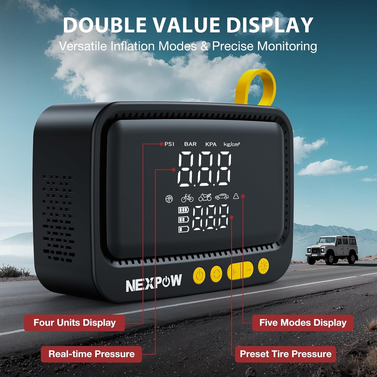 NEXPOW Tire Inflator Portable Air Compressor, 150 PSI Cordless Air Pump for Car Tires with Digital Pressure Gauge & Auto Shut-Off, Air Compressor Portable for Car, Motorcycle, Bicycle, Balls, Yellow