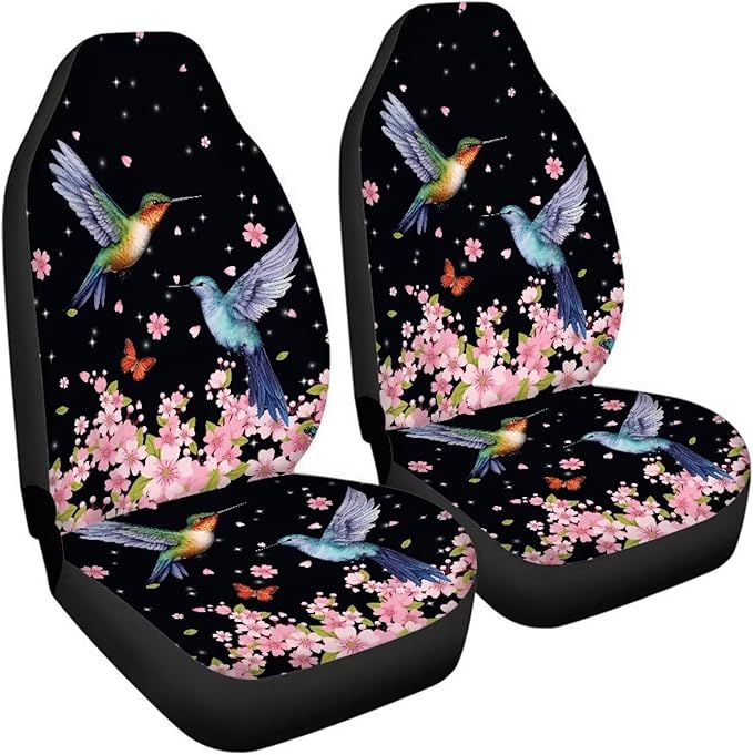 BIGCARJOB Flower Hummingbird Car Seat Cover Set for Front Seat Only,2 Pack Cherry Flower Birds Printed Auto Front Seat Protector Saddle Blanket for Women Girly Car Interior Accessories