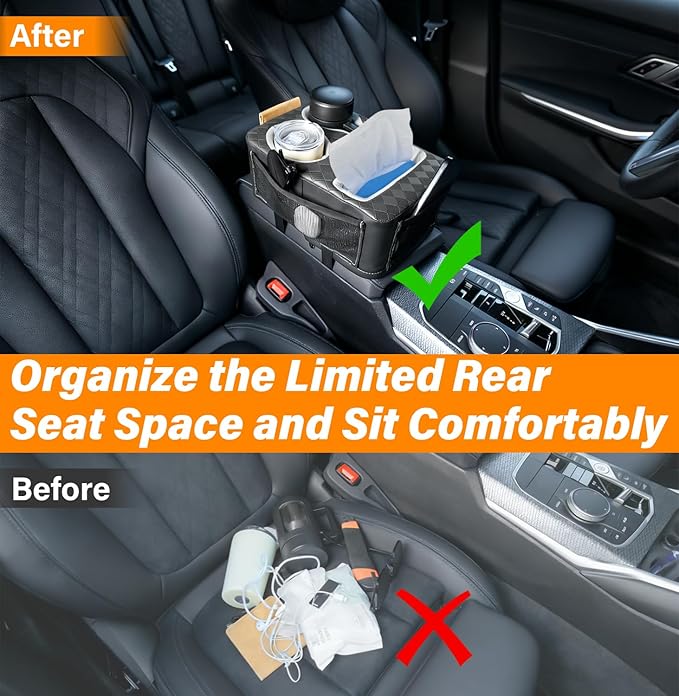 Center Console Cup Holder, Universal Car Armrest Storage Box with Bottle Holder & Tissue Slot & Side Pockets, Car Back Seat Truck Boat Couch Organizer PU Leather