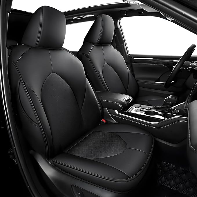 AOMSAZTO Custom Fit Seat Covers for Toyota Highlander 2020 2021 2022 2023 2024 2025 2026- (Three-Rows 8 Seats,Second Row 40/60 Split) Faux Leather Black