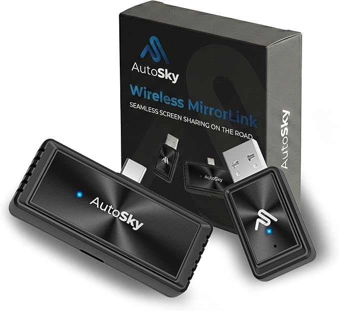 AutoSky Mirror-Link AIR PRO Wireless Screen Mirroring Adapter for Wired CarPlay, USB-C Phone Required, DisplayPort (DP-Alt) Compatible, Stream Apps Wirelessly, Charge While Mirroring