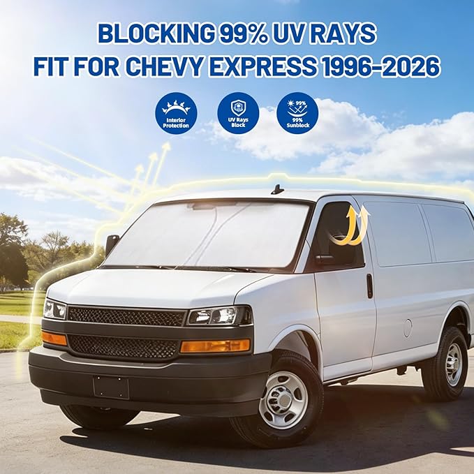 for Chevy Express 1996-2026 Front Windshield & Side Window Covers, Foldable 3-Piece Window Shades Set, Custom Fit Sunshade Visor for UV Rays & Heat Block, Cargo Van Accessories