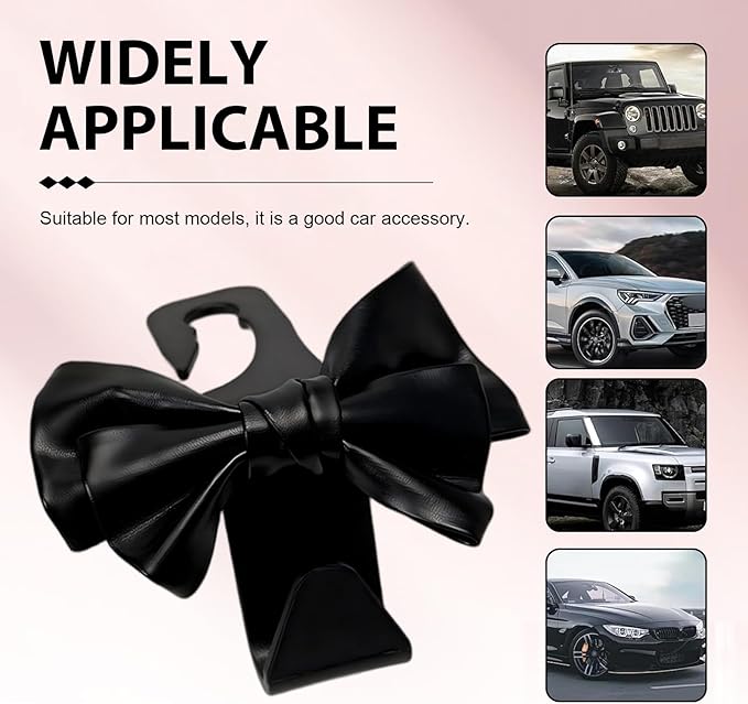 2PCS Car Seat Headrest Hooks, Cute Bow Car Backseat Storage Hooks, Lovely Leather Auto Purse Hook Hanger, Women and Girl Car Interior Accessories for Umbrellas, Coat, Bag (Leather-Black)