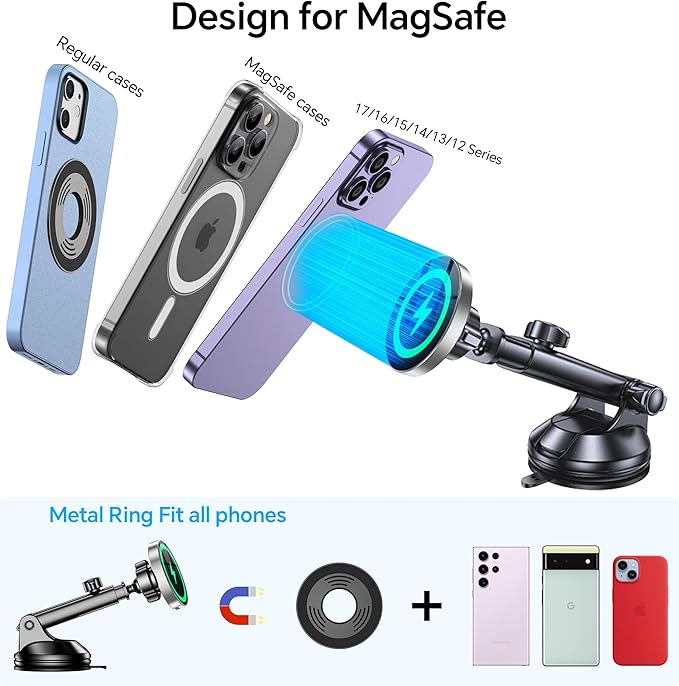 Coolpow for MagSafe Car Mount Charger【Ultra Magnet】 Magnetic Phone Holders for Your Car Charger【Windshield+Vent+Dash】 Magnetic Wireless Car Phone Holder Charger Car Mount for iPhone 17 (Gray)