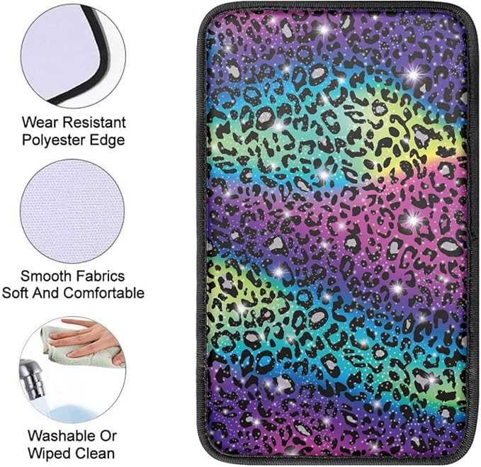Coldinair Rainbow Glitter Leopard Print Car Center Console Pad Soft Armrest Protector Cover Fit for Most Vehicle,SUV,Truck,Wild Cheetah Car Interior Accessories Decor