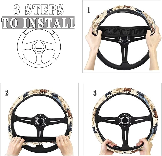 AFPANQZ Car Steering Wheel Covers White Sweat Absorption Comfort Grip, Horse Painting Universal 14-15 inch Stretch-on Fabric Keep Warm Steering Wheel Protector for Women