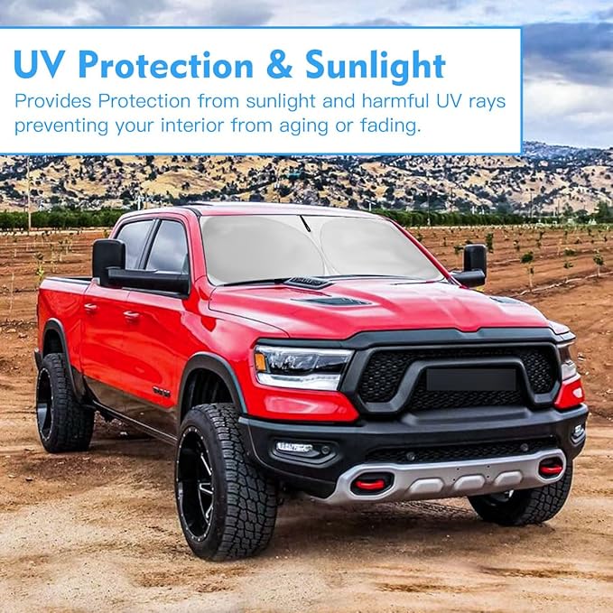 Car Windshield Sun Shade Custom Fit 2010-2026 Dodge RAM 1500 2500 3500 Truck Accessories Sunshade Foldable Sun Visor Protector Front Window Cover Fits 2Dr RegularCab, 4Dr QuadCab, CrewCab, MegaCab