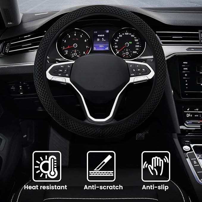 Elastic Stretch Car Steering Wheel Cover, Comfortable Steering Wheel Cover Universal for 14.5-15 Inch, Warm in Winter & Cool in Summer, Anti-Slip Breathable Ice Silk (Black)
