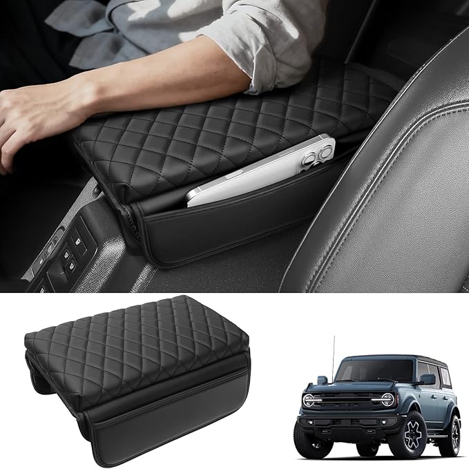 Center Console Armrest Cover for Ford Bronco 2021 2022 2023 2024 2025 2/4 Door with PU Leather Side Pockets Center Console Cover Pad Cushion Interior Accessories Arm Rest Prevent Scratching