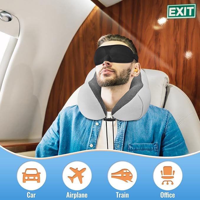 CloudBliss Travel Pillow Premium Memory Foam, Comfortable&Supportive Neck Pillow, Sleeping Neck Pillows for Travel, Airplane Pillow for Sleeping Airplane, Car, Office and Home (Light Grey)