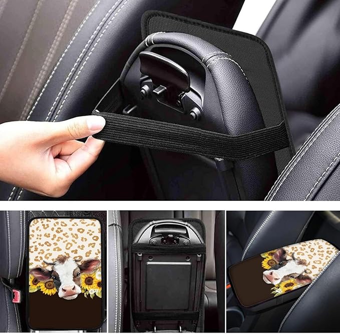 UNICEU Sunflower Farm Cow Print Car Center Console Armrest Cove Neoprene Soft Car Armrest Box Cover Pad Auto Interior Decor Accessoires