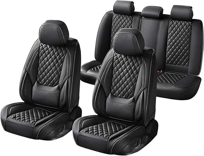 Car Seat Covers Full Set Black, Luxury Faux Leather Car Seat Covers Waterproof Non-Slip Seat Protector Universal Fit for Most Cars SUVs Trucks Pick-ups,Car Accessories for Front Seats and Back