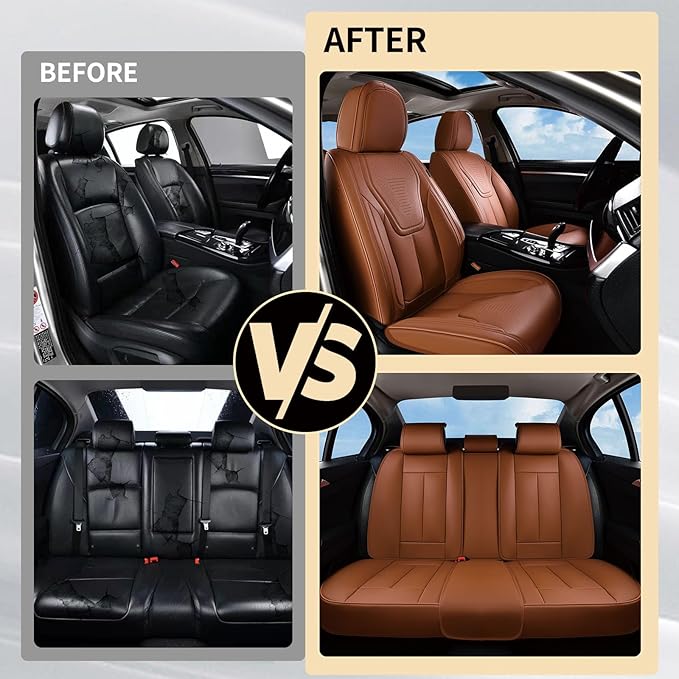 FLORICH Car Seat Covers Front Seats, Luxury Waterproof Faux Leather Seat Covers Cushion, Car Seat Protectors Universal Fit for Most 5 Seats Vehicles - Brown