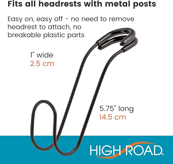 High Road Unbreakable Car Bag Hooks - Large Car Seat Hooks for Purse, Backpack, Coats, Hats and Heavy Bags up to 40 lbs - Secure Attachment Fits All Headrest Posts, 6-Pack