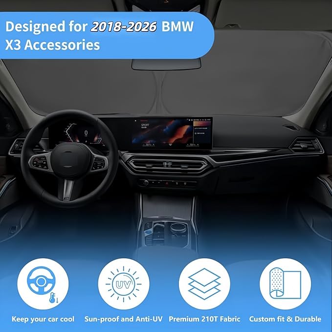 Windshield Sun Shade Custom for BMW X3 2018-2021 2022 203 2024 2025 2026 Front Window Sunshade Foldable Sun Visor Protector Window Shade Blocks UV Rays Keep Your Car Cooler
