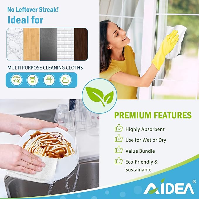 AIDEA Microfiber Cleaning Cloth White 50PK, Cleaning Rags, Lint Free Microfiber Towels, Kitchen Towels Dusting Cloth, Wash Cloths, Dish Rags White, 12"x 12"