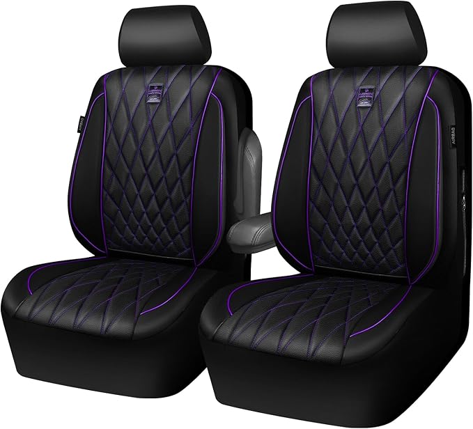 CAR PASS Piping Luxury Faux Leather Two Front Car Seat Covers, Waterproof Anti Slip Premium Automotive Seat Covers,Universal Fit for Suvs,Vans,Trucks, Armrest Airbag Compatible (Black and Purple)