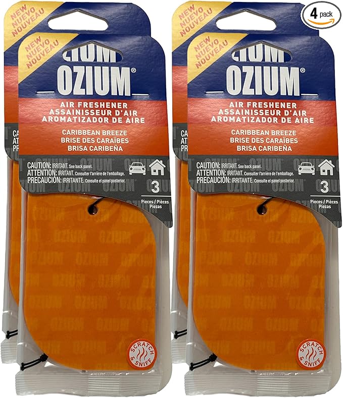 Ozium Paper Hanging Car Air Freshener with Odor Eliminator for Car - Refresh Your Ride with Automotive Air Fresheners, 3 Pieces (Caribbean Breeze, 4 Packs)