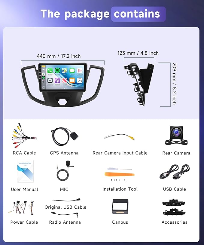 4G+64G Car Radio Stereo for Ford Transit 2013-2019, 9inch IPS Touch Screen/Android 15/Wireless CarPlay/Android Auto/32 EQ/GPS Navigation/WiFi/5.0Bluetooth/FM/RDS/SWC/AHD Backup Camera